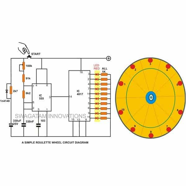 push button operated 10 LED roulette wheel circuit diagram