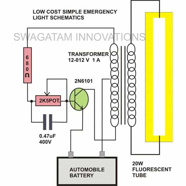 20 watt fluorescent lamp circuit diagram using transformer inverter and 12 V battery