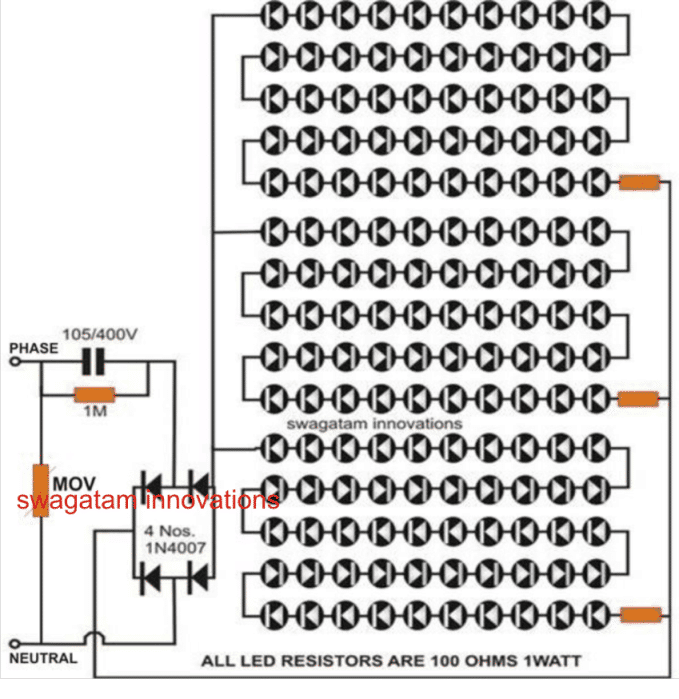 150 LED transformerless tubelight circuit