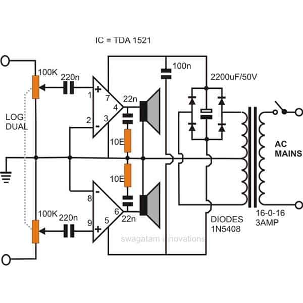 Easy to Build Stereo Amplifier Circuit Using IC 1521