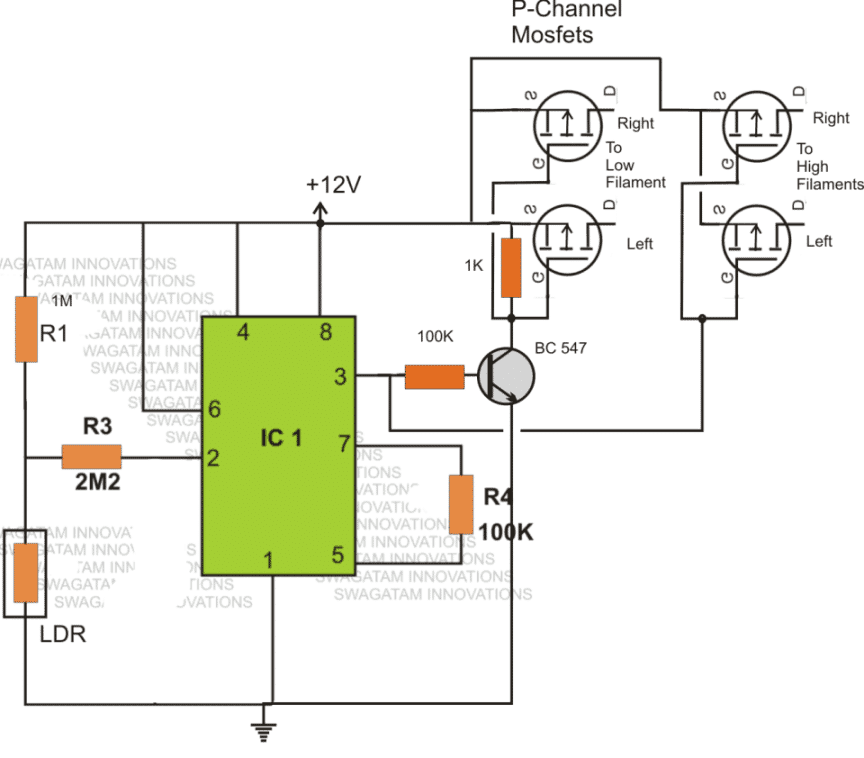 Automobile dimmer dipper lamp circuit diagram using mosfet and IC 555