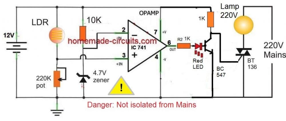 Automatic night lamp circuit diagram using IC 741 and triac