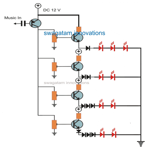 transistor multiple LED music level indicator circuit diagram