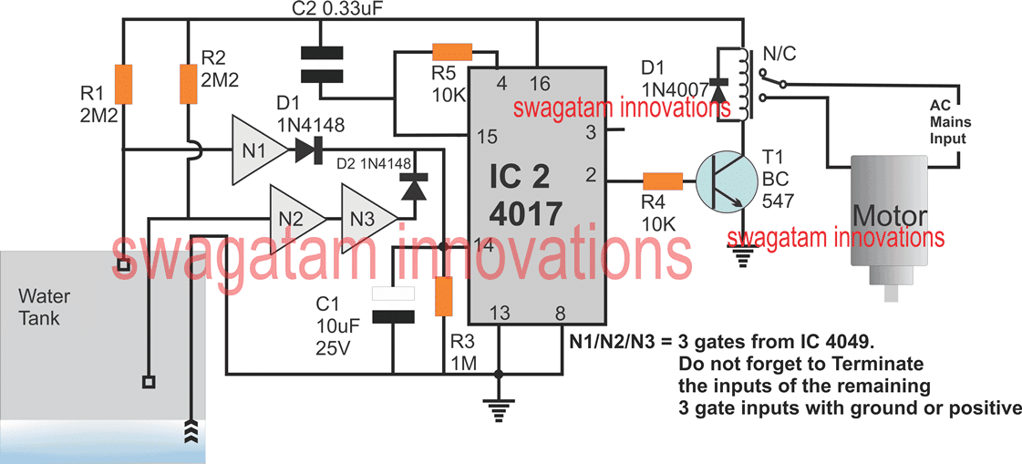 automatic water level controller circuit diagram using IC 4017