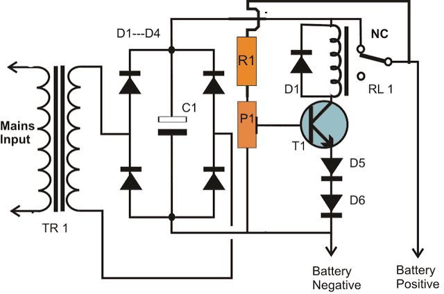 Battery charger using a single transistor and relay