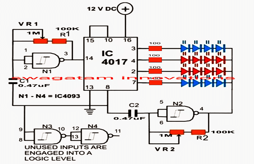 flashing + chasing strobe light circuit diaagram