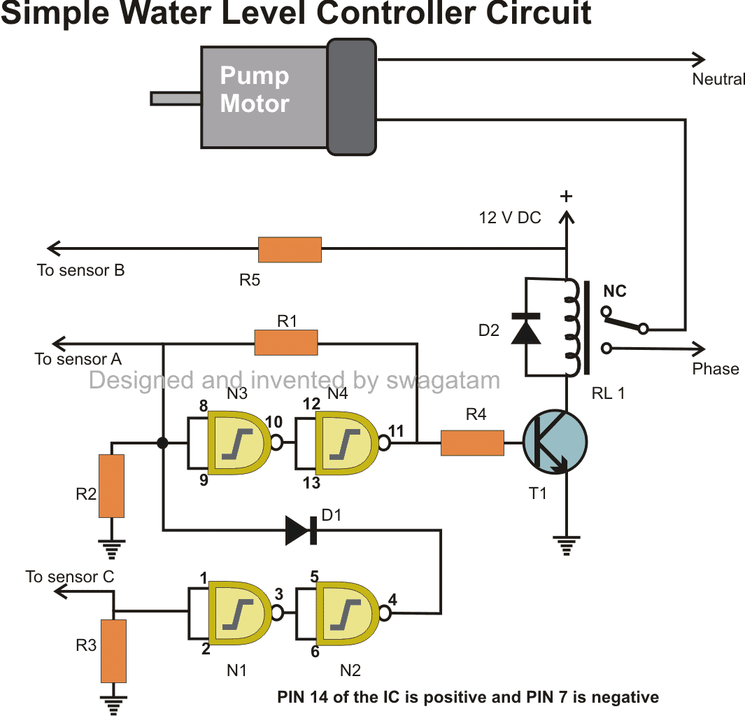 automatic water level controller circuit diagram using IC 4093 NAND gates