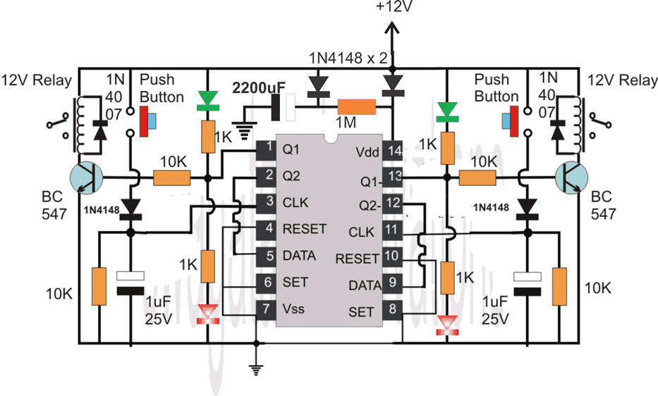 IC 4013 flip flop circuit with mains failure memory