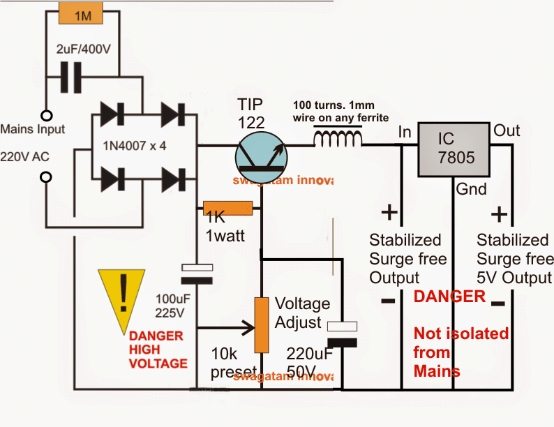 5 V regulated transformerless power supply circuit diagram