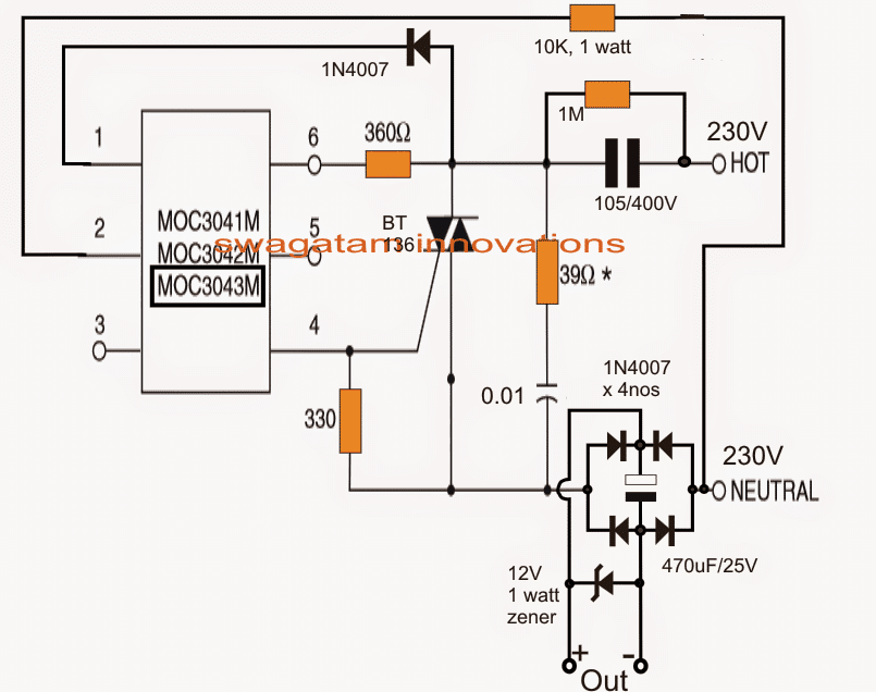 zero crossing controlled transformerless power supply circuit diagram using MOC3041 IC