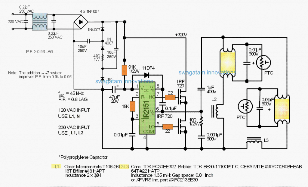 twin 40 watt Electronic Ballast Circuit with PFC protection