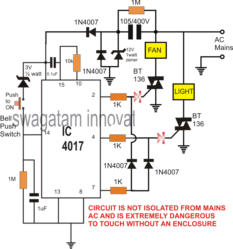 220 V push button controlled flip flop circuit ON OFF