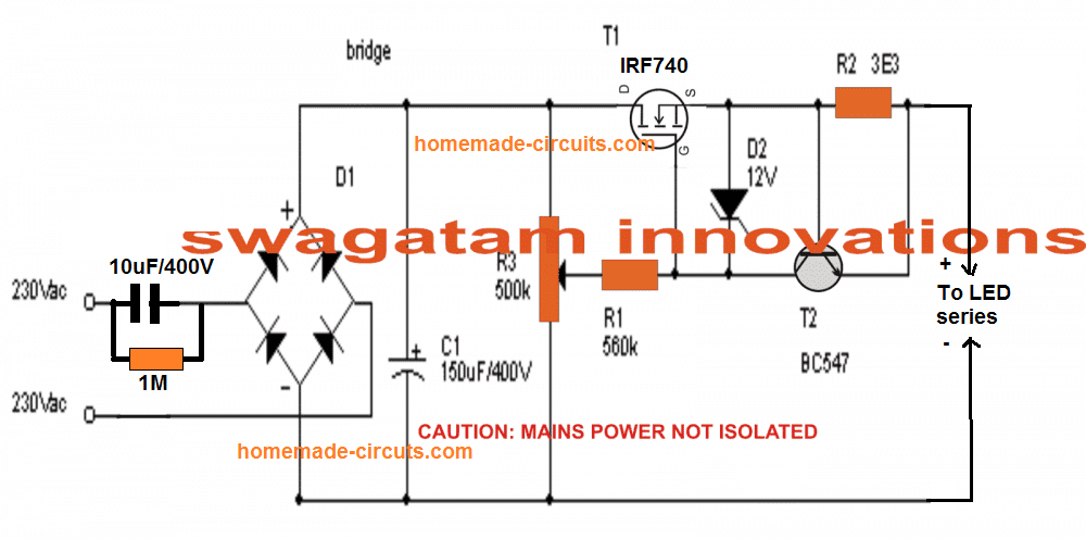 MOSFET controlled transformerless power supply circuit diagram