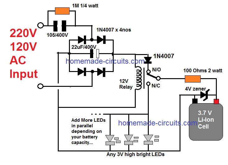 high power emergency light circuit with relay and high watt LEDs and with automatic battery charger.