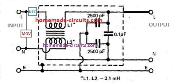 RFI line filter circuit diagram with surge suppression