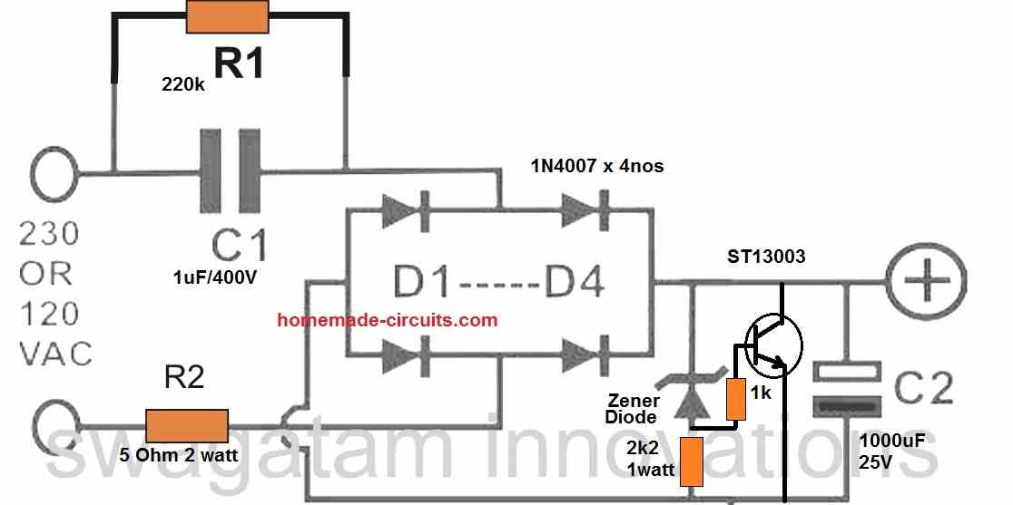 transformerless power supply circuit diagram with shunt transistor regulation