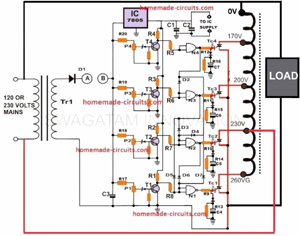 circuit schematic for an automated voltage stabilizer that uses SCRs and triacs.