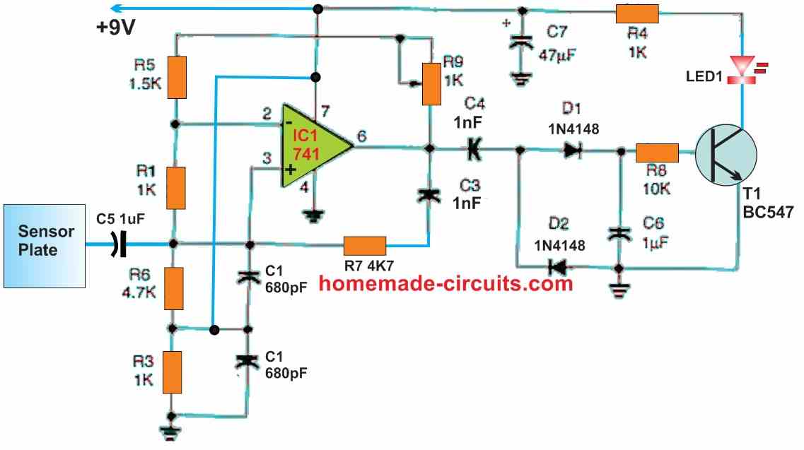 741 capacitive proximity sensor circuit