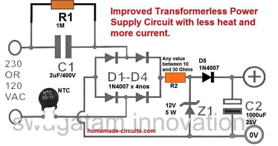 transformerless power supply circuit diagram with NTC thermistor protection and regulation