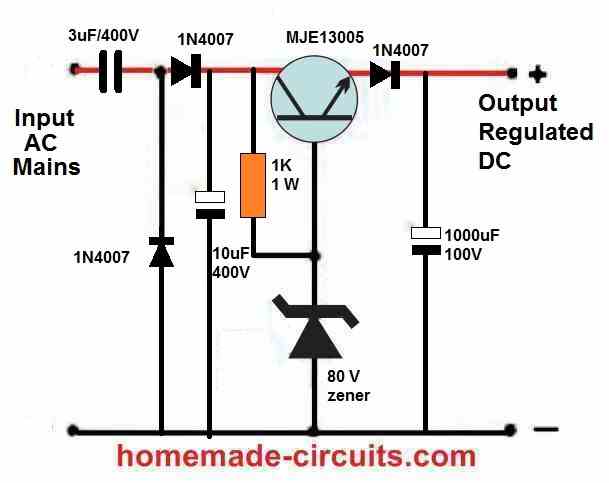 emitter follower transistor regulated transformerless power supply circuit diagram