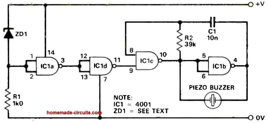 Battery Low Voltage Alarm Circuit using NAND Gates