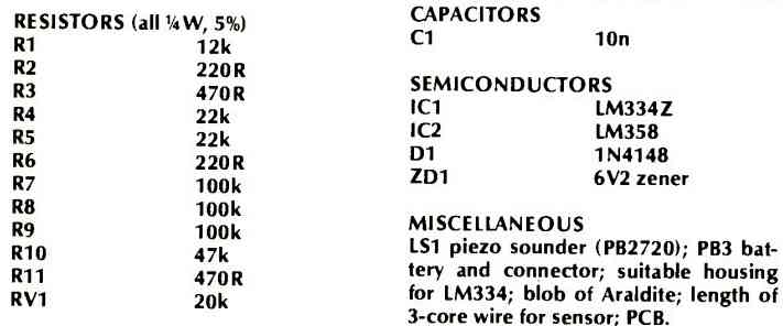 parts list for the precision temperature alarm circuit using LM358 op amp