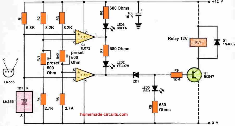 precision temperature alarm circuit using TL072 op amp